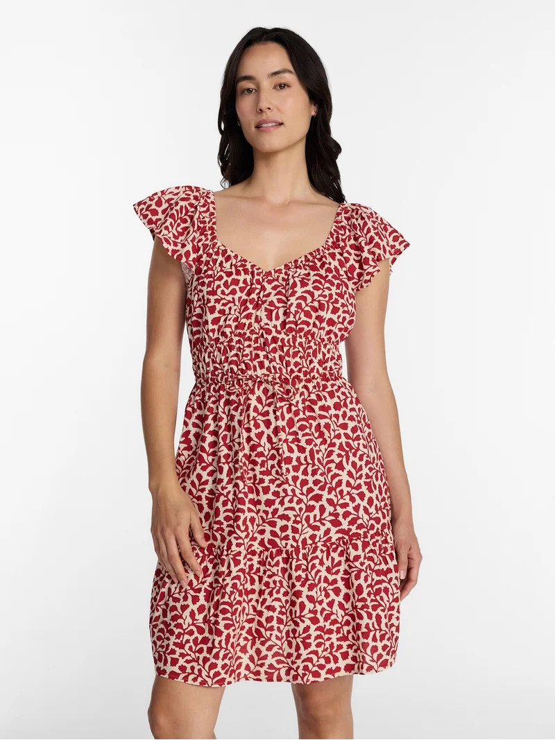 Time and Tru Women's Tie Waist Mini Dress with Flutter Sleeves, Sizes XS-XXXL | Walmart (US)