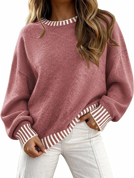 KIRUNDO Oversized Sweaters for Women 2026 Long Sleeve Crewneck Fall Tops Contrast Chunky Knit Pul... | Amazon (US)