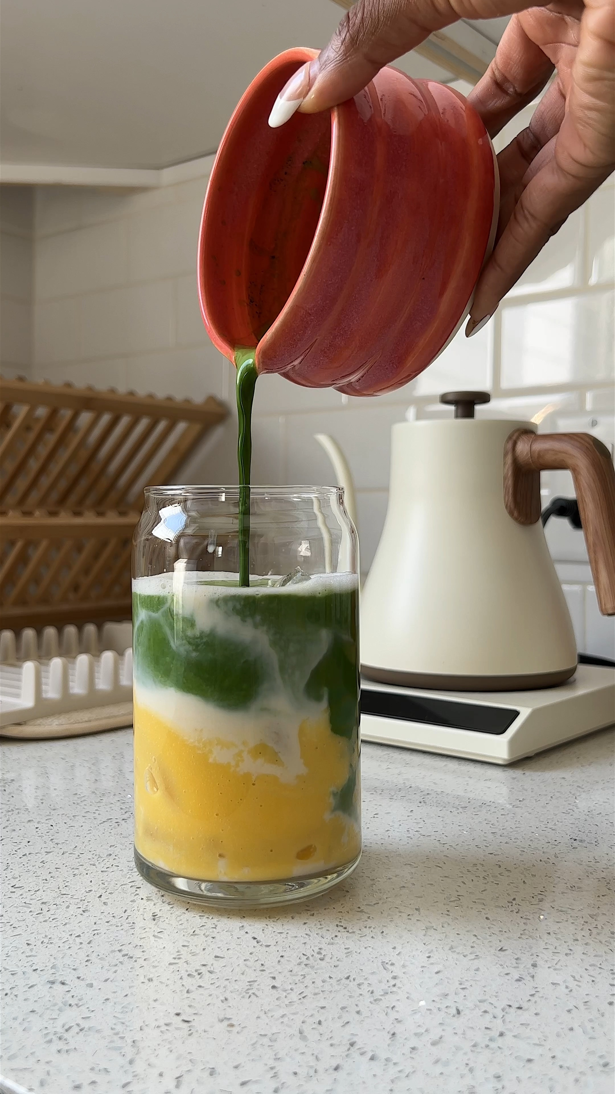 summer’s otw and we’re drinking iced mango matcha lattes, k? k!

full recipe: 
• boil water to 185° 
• 1/3 cup frozen mangos 
• 1 tbsp honey
• 2-3 oz. oat milk 
• blend until smooth 
• sift 1/2 tsp matcha powder 
• pour 2-3 oz. warm water in bowl
• whisk mixture for 30 seconds 
• fill glass with ice
• pour mango puree 
• add 2oz of oat milk 
• add matcha 
• stir, sip & enjoy 

everything used: 
• tea kettle from @amazonlifetstyle 
• blender from @beasthealth
• ummon Matcha powder from @ippodoteausa 
• ceramic bowl from @golde x @earthandherflowers 
• glass from @crateandbarrel
• glass straw from @amazonlifestyle
• sifter & scooper from @amazonlifestyle ceramic bowl from @golde x @earthandherflower 
• glass from @crateandbarrel
• glass straw from @amazonlifestyle
• sifter & scooper from @amazonlifestyle


#LTKhome