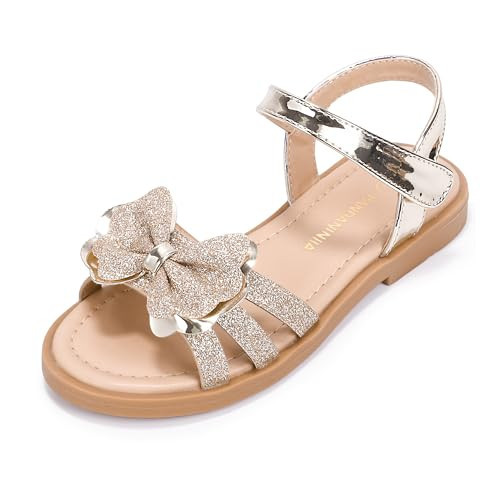 PANDANINJIA Girls Sandals Toddler/Little Kid/Big Kid Open Toe Cute Bow Flats Dress Sandals Summer Shoes (Gold Glitter, 1 M US Little Kid) | Amazon (US)