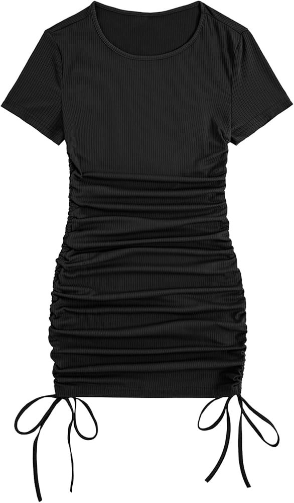 Milumia Women's Casual Rib Knit Short Sleeve Drawstring Ruched Bodycon Mini T Shirt Dress | Amazon (US)