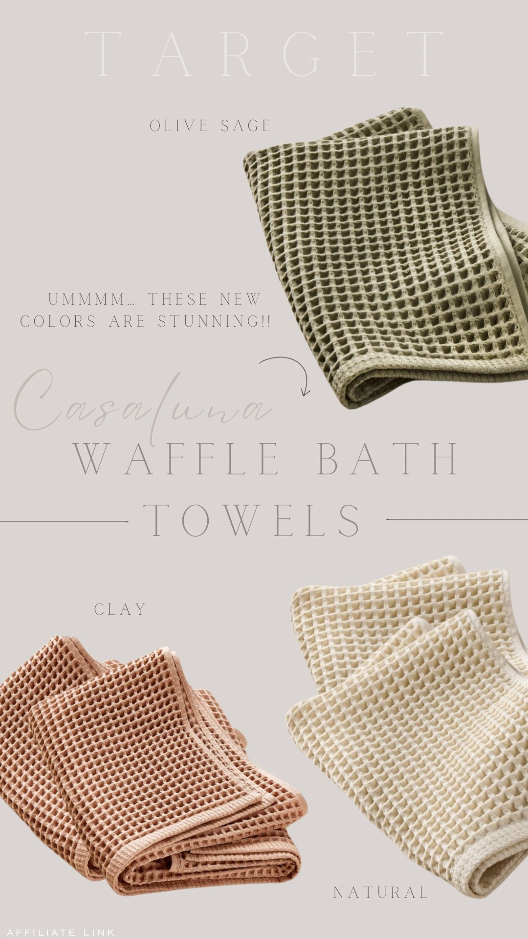 These new colors from Casaluna waffles bath towels are stunning! 

Sage Olive, Clay and Natural 


Waffles bath towels, waffle hand towels, bathroom, home decor, neutral home, spring refresh, bath towels, towel 


#target #targetfinds 

#LTKHome #LTKSeasonal