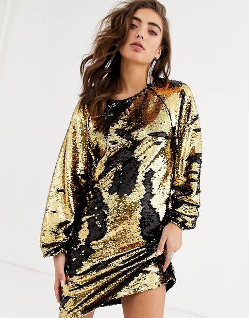 Object mini shift dress with balloon sleeves in black and gold sequin | ASOS (Global)