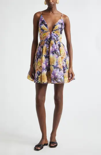 Luna Floral Plunge Neck Linen & Silk Minidress | Nordstrom