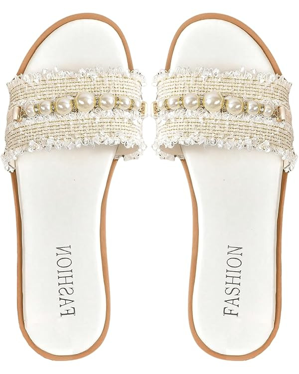 Verdusa Women's Faux Pearl Woven Dressy Sandal PU Leather Flat Slip on Shoes | Amazon (US)