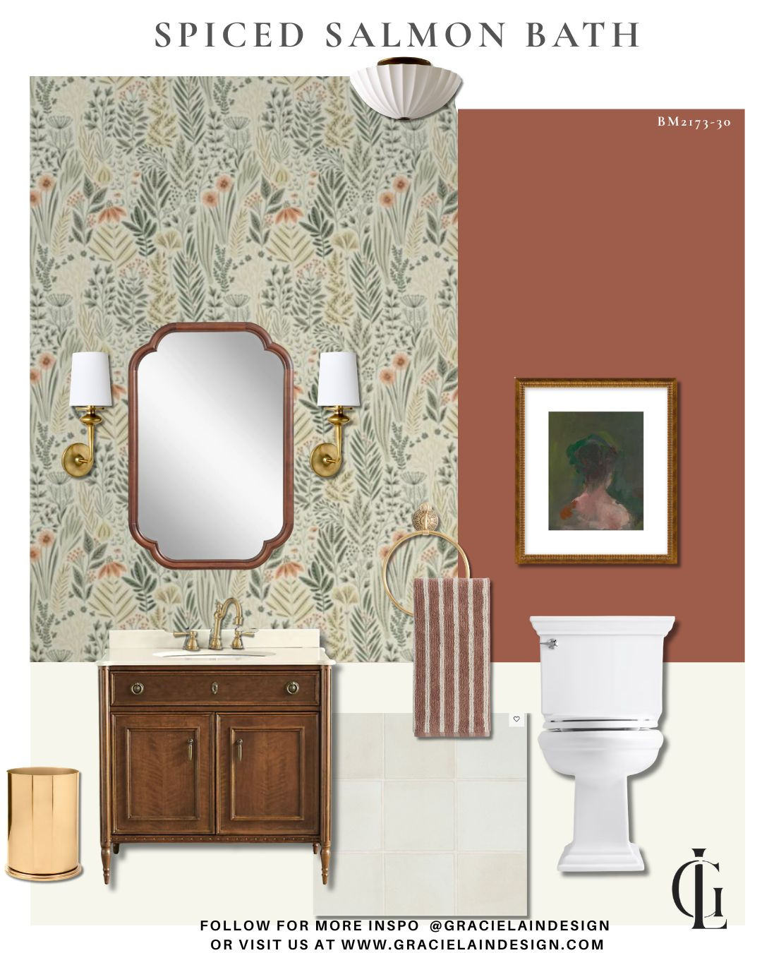 A little spice, a lot of character. 🌶️
This traditional bath gets a whimsical twist with lovely floral wallpaper accented by a spicy salmon trim. Portrait art, warm woods, textured ceramics, rich brass, and soft linens bring layers of warmth and personality—proof that a touch of color and a little pattern can add so much to the story.

Explore the full design story at gracielaindesign.com

#GracielainDesign #InteriorDesign #BathroomDesign #TraditionalInteriors #WhimsicalInteriors #ColorfulInteriors #WallpaperLove #SalmonPink #PatternPlay #TimelessDesign #InteriorStyling #DesignDetails #CharacterFilledSpaces
#BenjaminMoore 

 #LTKHome #LTKSaleAlert