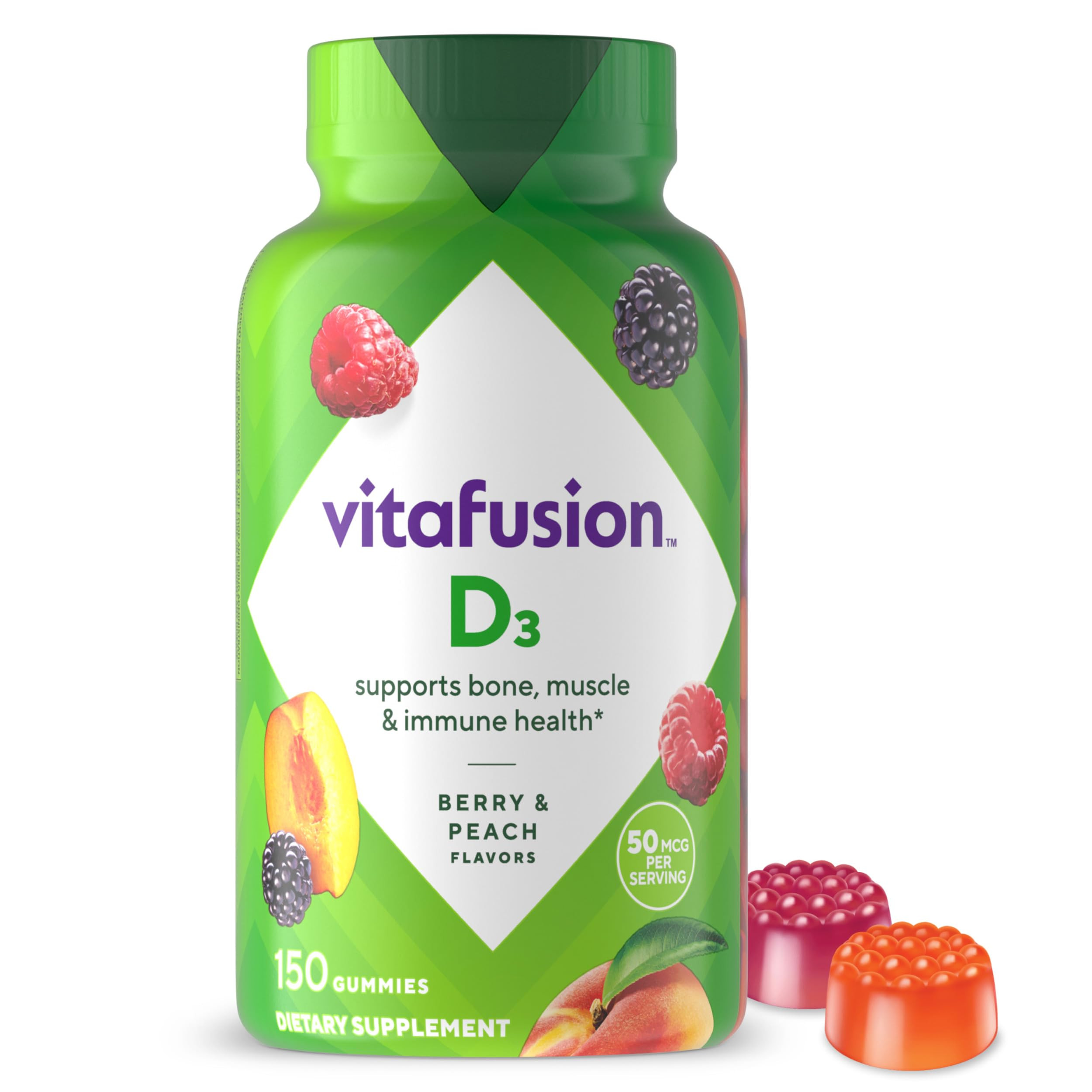 vitafusion Vitamin D3 Gummies, Bone and Immune Support, Peach, Blackberry, Strawberry Flavored, 5... | Amazon (US)