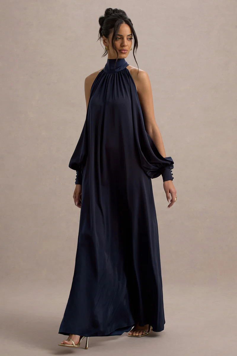 Baila  Navy Satin High-Neck Cape-Sleeve Maxi Dress | Club L London