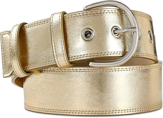 Women Casual Leather Gold Belt for Jeans Pants, Fashion Ladies Girls Gold Faux Leather Waist Belt | Amazon (US)