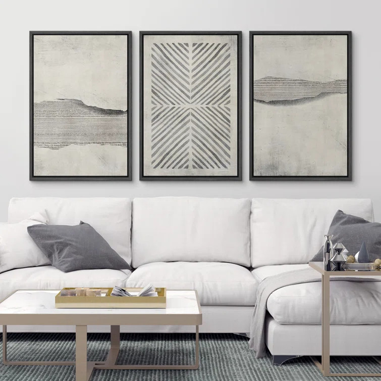 Geometric Landscape Abstract Shapes Simple Neutral Modern Art Decor Framed Canvas 3 Pieces Print | Wayfair North America