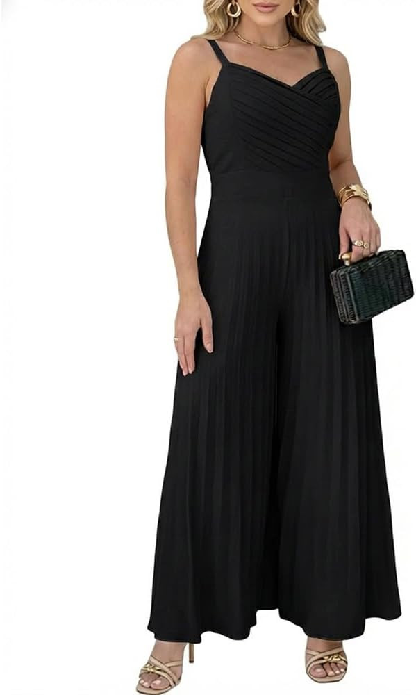 CHICME Women’s V Neck Spaghetti Strap Jumpsuits Wide Leg Pleated Pants Summer Cami Overalls | Amazon (US)