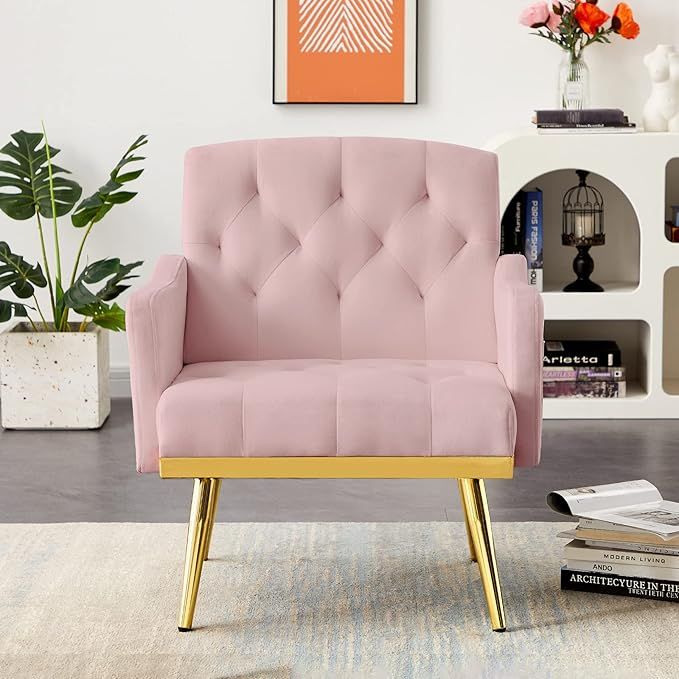 Upholstered Velvet Accent Chair, Modern Armchair Single Sofa Arm Chair with Golden Metal Legs, Tu... | Amazon (US)