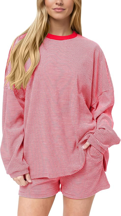 MISSACTIVER Women's Striped Lounge Set Long Sleeve Tee Shirts Drawstring Wide Leg Shorts Matching... | Amazon (US)