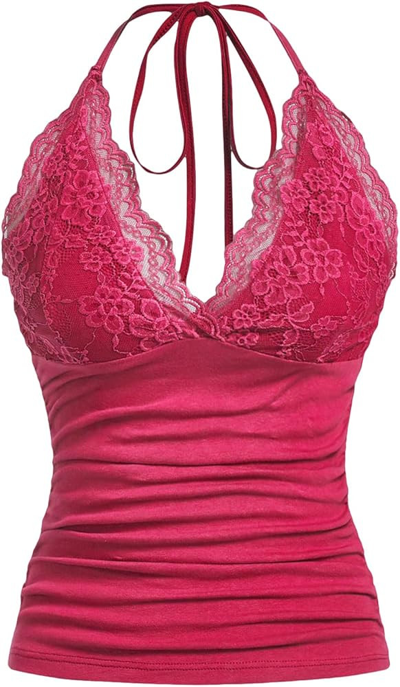 MakeMeChic Women's Halter Top Y2K Lace V Neck Ruched Low Cut Halter Tank Tops Camisole Tops | Amazon (US)