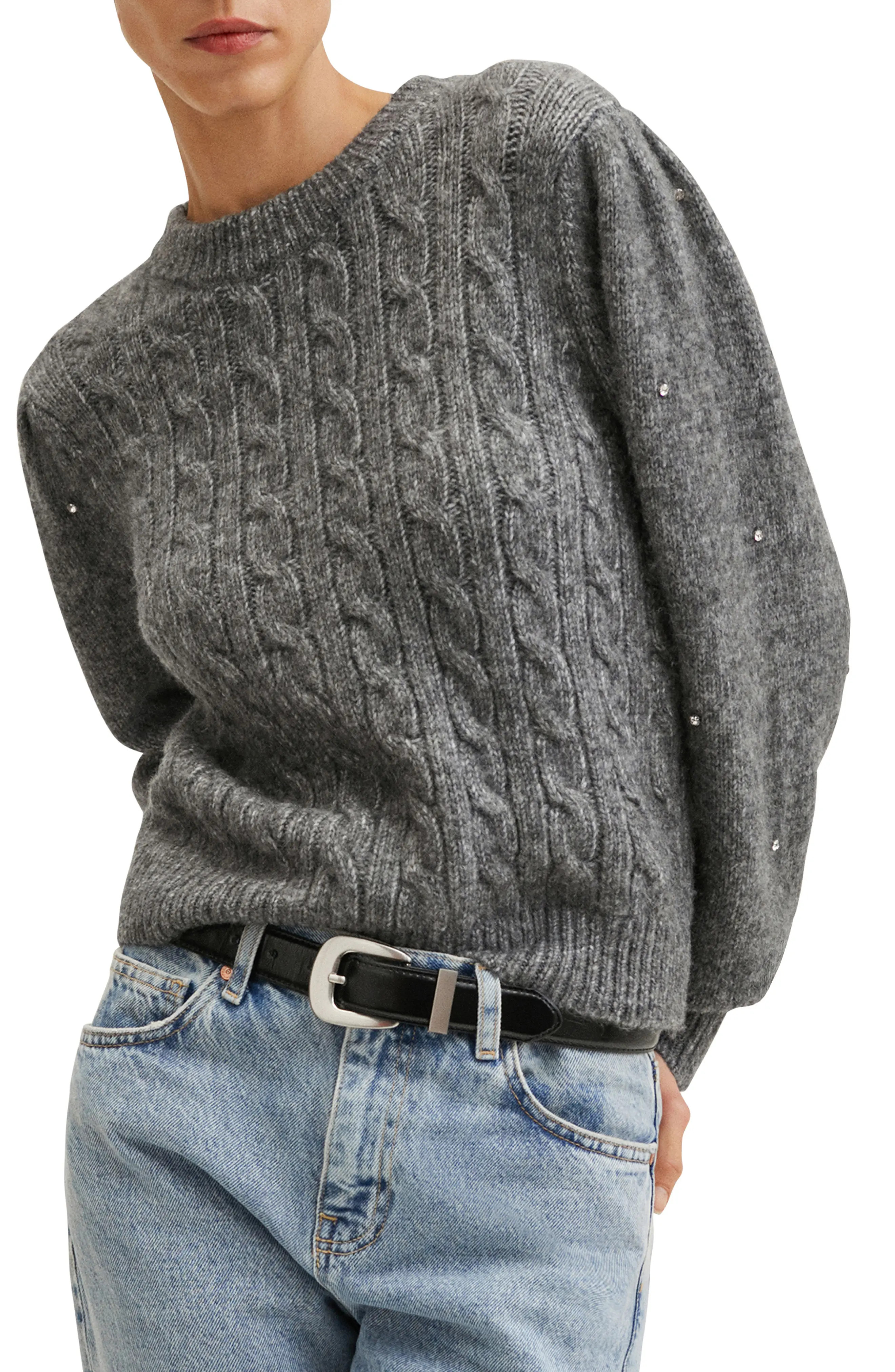 MANGO Rhinestone Detail Cable Knit Sweater in Dark Heather Grey at Nordstrom, Size X-Small | Nordstrom