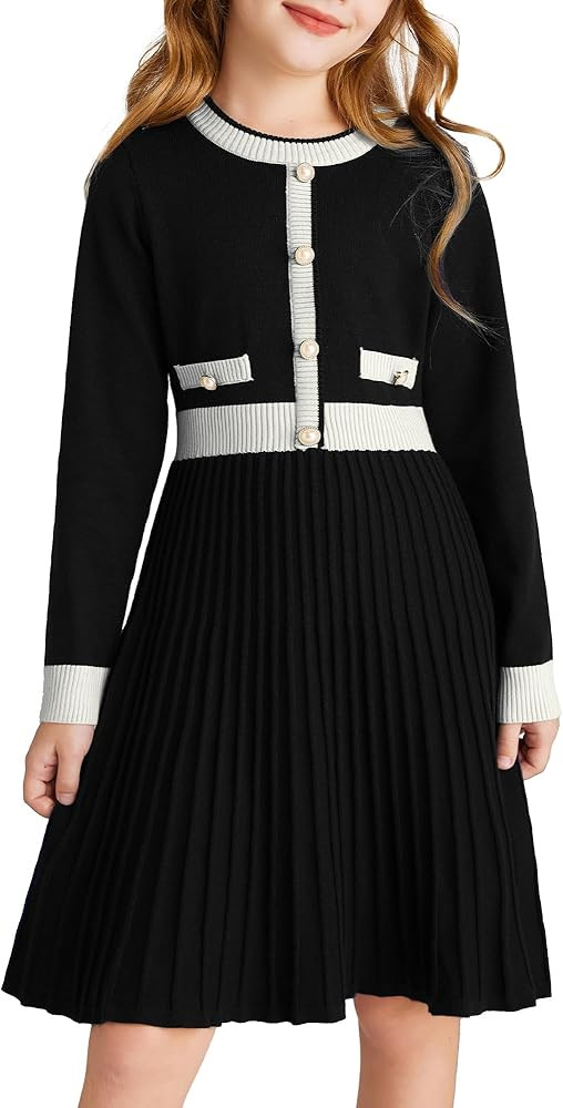 GRACE KARIN Girls Sweater Fall Dress Long Sleeve Knit A Line Contrast Casual Winter Dresses 6-14Y | Amazon (US)