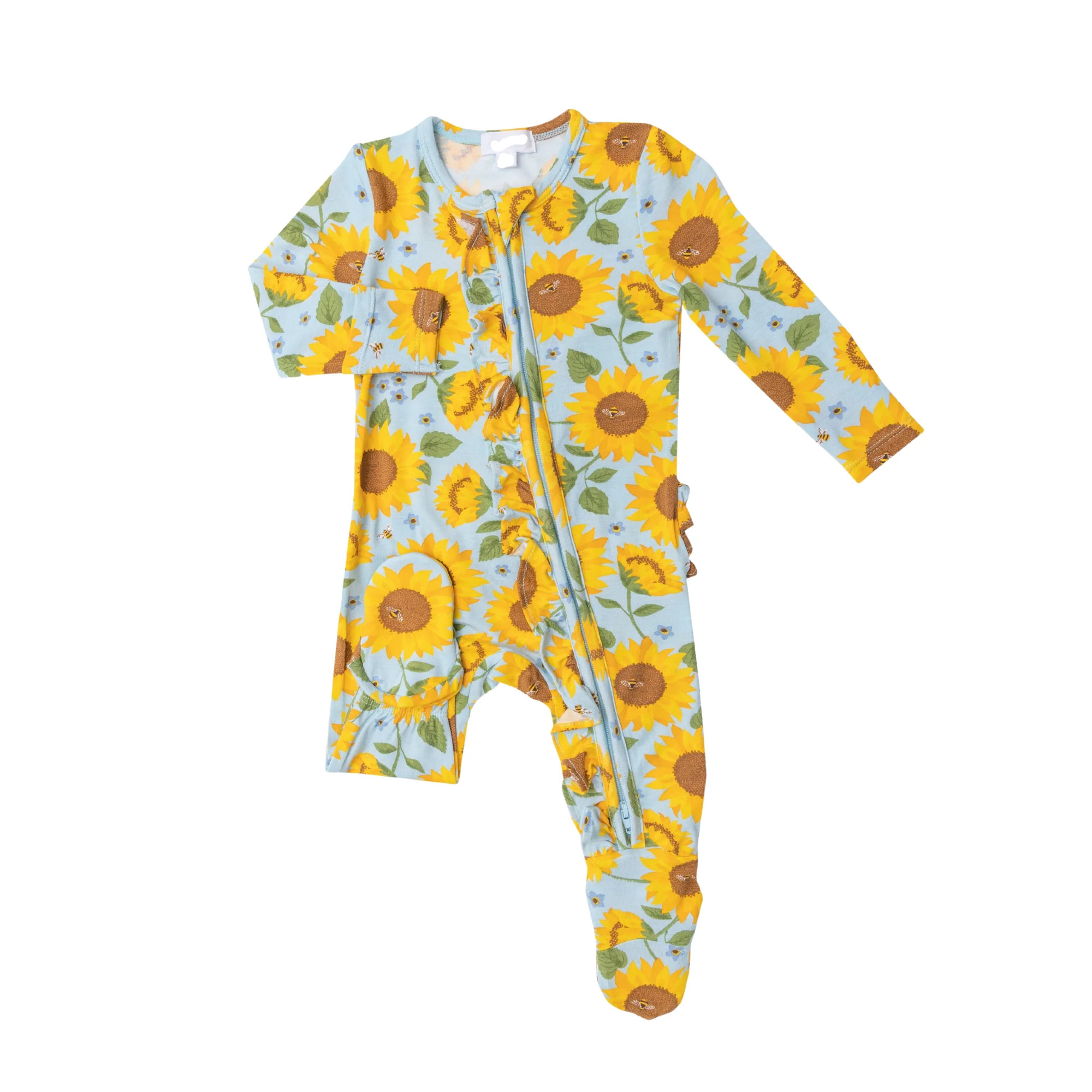 Ruffle Zip Footie, Sunflowers Blue | SpearmintLOVE