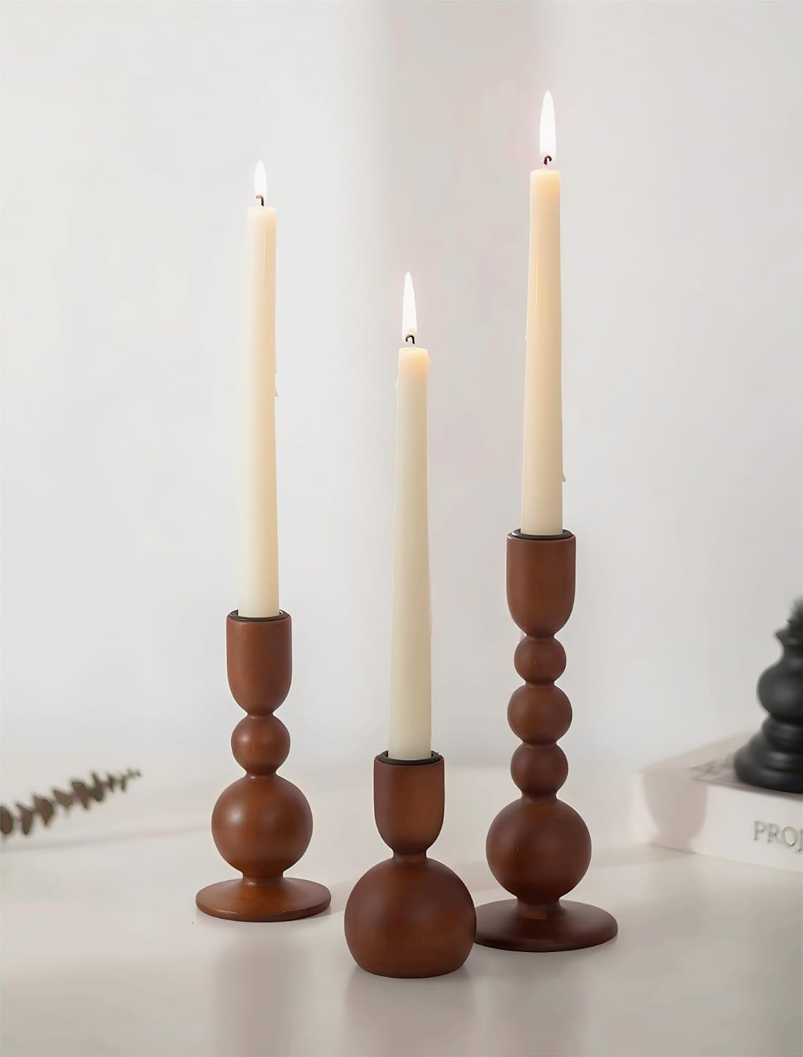 NUPTIO Wooden Taper Candle Holders, Set of 3 Brown Candlesticks | Amazon (US)