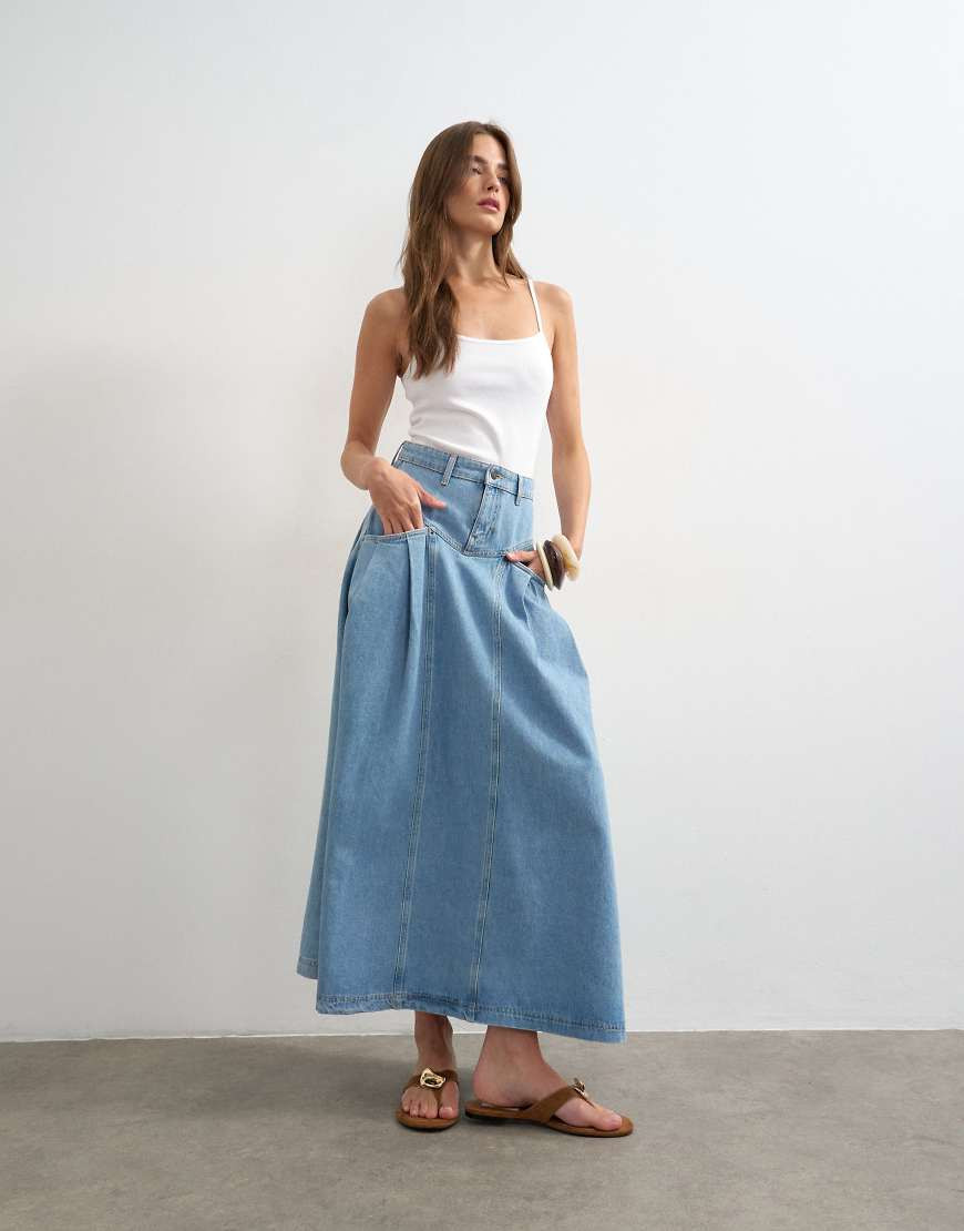 Topshop denim pleated maxi skirt in bleach-Blue | ASOS (Global)
