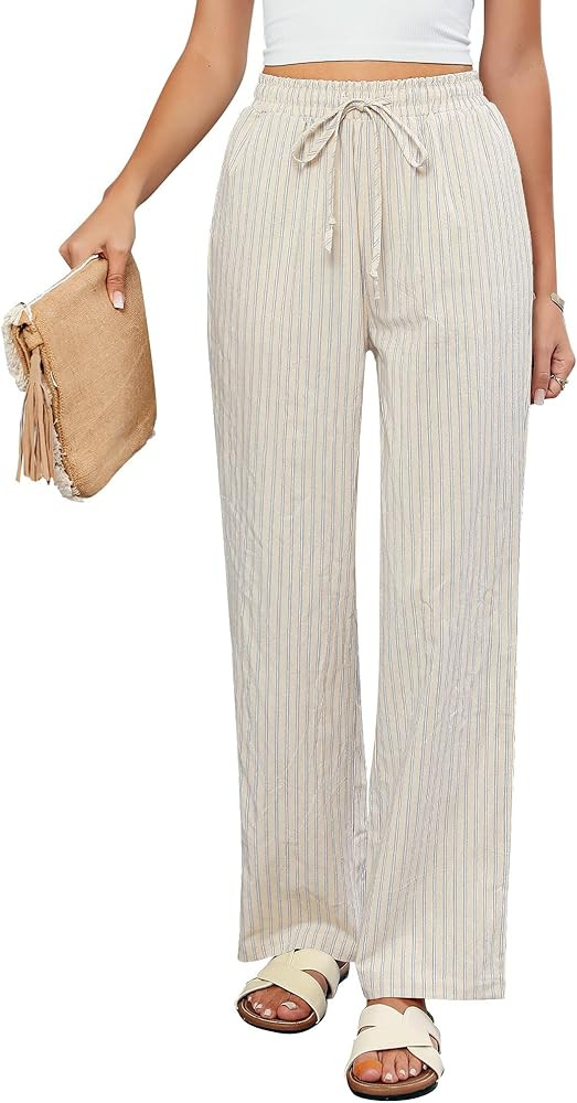 GRAPENT Striped Pants for Women High Waisted Wide Leg Cotton Linen Trendy Beach Pull On Elastic W... | Amazon (US)