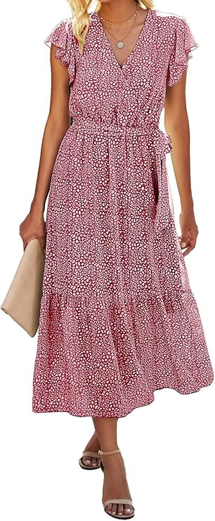 BTFBM Women Summer Bohemian Floral Casual Wrap V Neck Ruffle Cap Sleeveless Belt A-Line Pleated H... | Amazon (US)