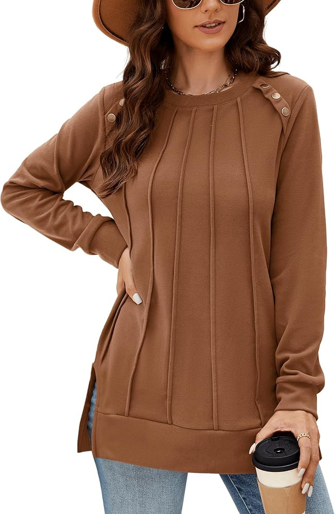 Odosalii Womens Long Sleeve Tops Crewneck Sweatshirts Pleated Front Sweaters Plain Shirts Trendy ... | Amazon (US)
