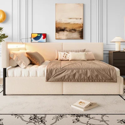 Twin Size Upholstered Bouclé Storage Bed with Headboard, 2 Drawers, LED & USB, Solid Wood Slats, Beige | Wayfair North America