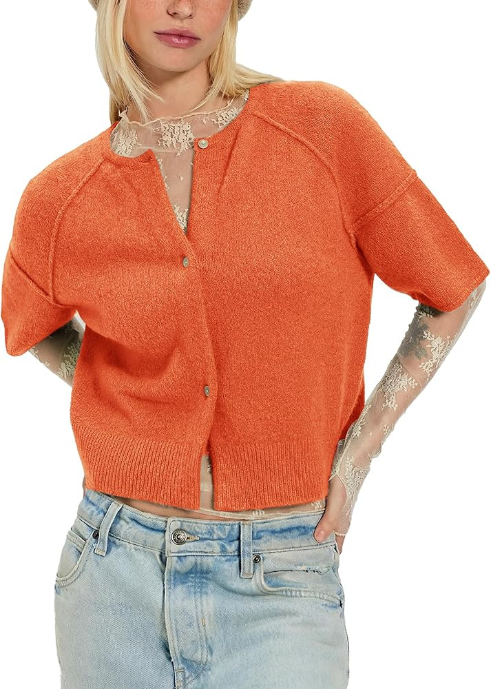 Womens Short Sleeve Cardigan Casual Summer Button Down Knit Sweater Lightweight Cardigan Cropped ... | Amazon (US)