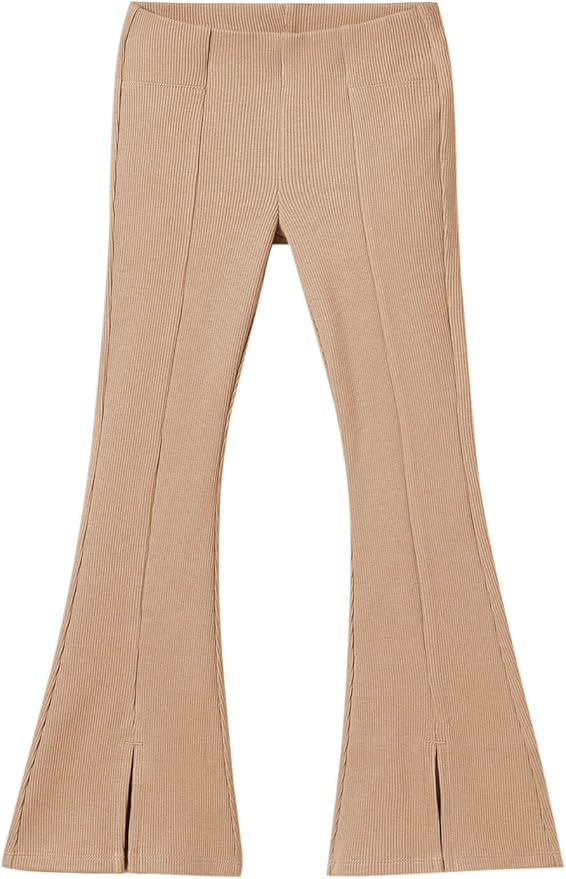 Haloumoning Girls Kids Elastic Waist Ribbed Flare Split Bottom Pants Stretch Casual Long Pants(5-... | Amazon (US)