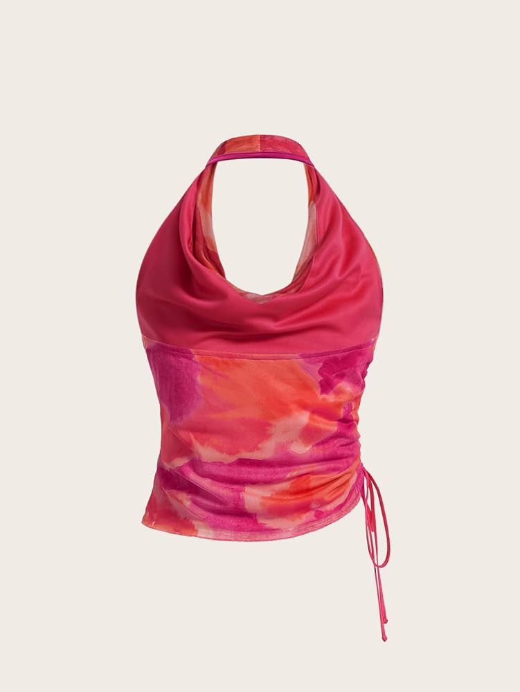 SHENHE Women's Tie Dye Halter Neck Draped Front Ruched Drawstring Backless Crop Top | Amazon (US)