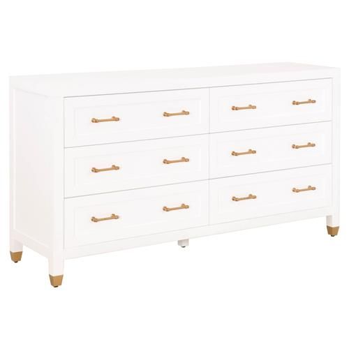 Stacy Modern Classic White Brass Accent 6 Drawer Double Dresser | Kathy Kuo Home