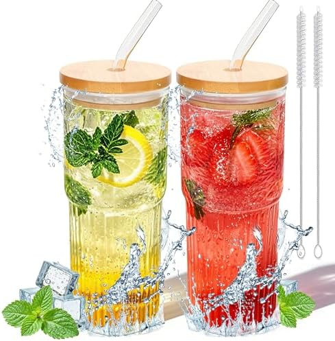 32oz Ribbed Glassware Large Cup, Glass Cups With Lids And Straws,Iced Coffee Cups With Lids,Glass... | Amazon (US)