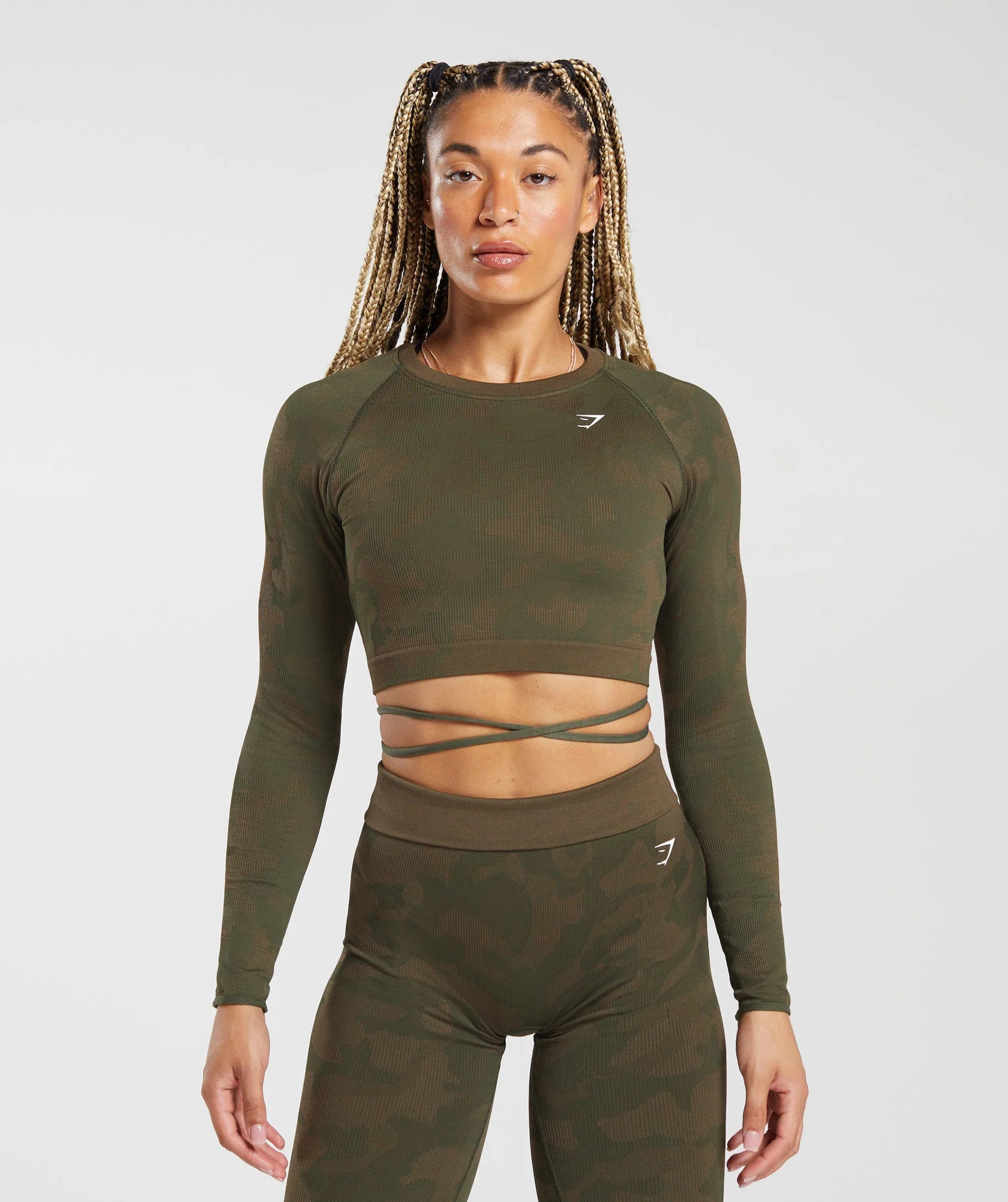 Gymshark Adapt Camo Seamless Ribbed Long Sleeve Crop Top - Winter Olive/Soul Brown | Gymshark (Global)