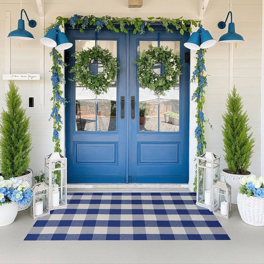 Buffalo Plaid Outdoor Rug 3x5 Ft Blue and White Checkered Area Rug Washable Doormats Indoor Outdo... | Amazon (US)