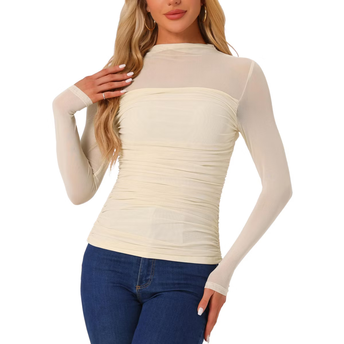 INSPIRE CHIC Women's Solid Mock Neck Mesh Sheer Long Sleeve Ruched Blouses Black X-Small | Target