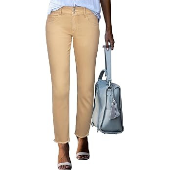 Sidefeel Women's High Waisted Raw Hem Straight Leg Jeans | Double Button Waistband,Tummy Control,... | Amazon (US)