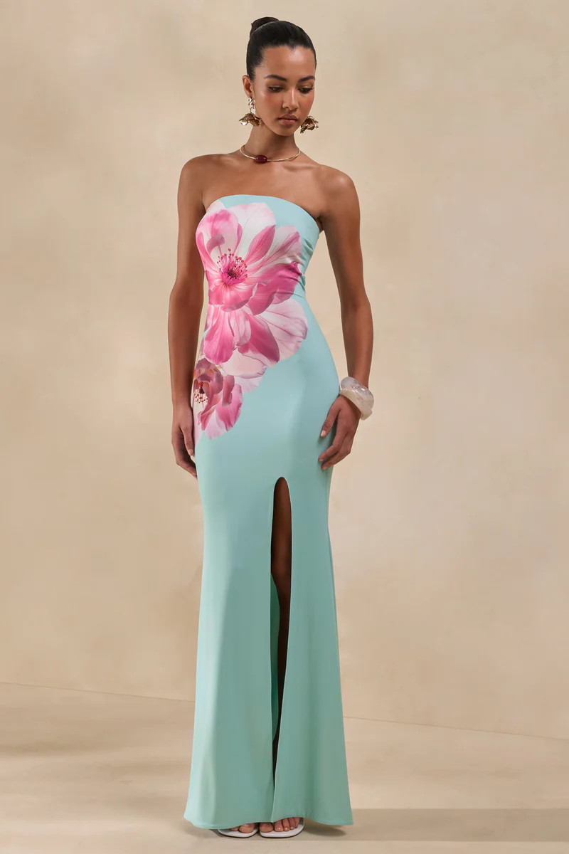 Lumia  Sage And Pink Placement Print Bandeau Maxi Dress | Club L London