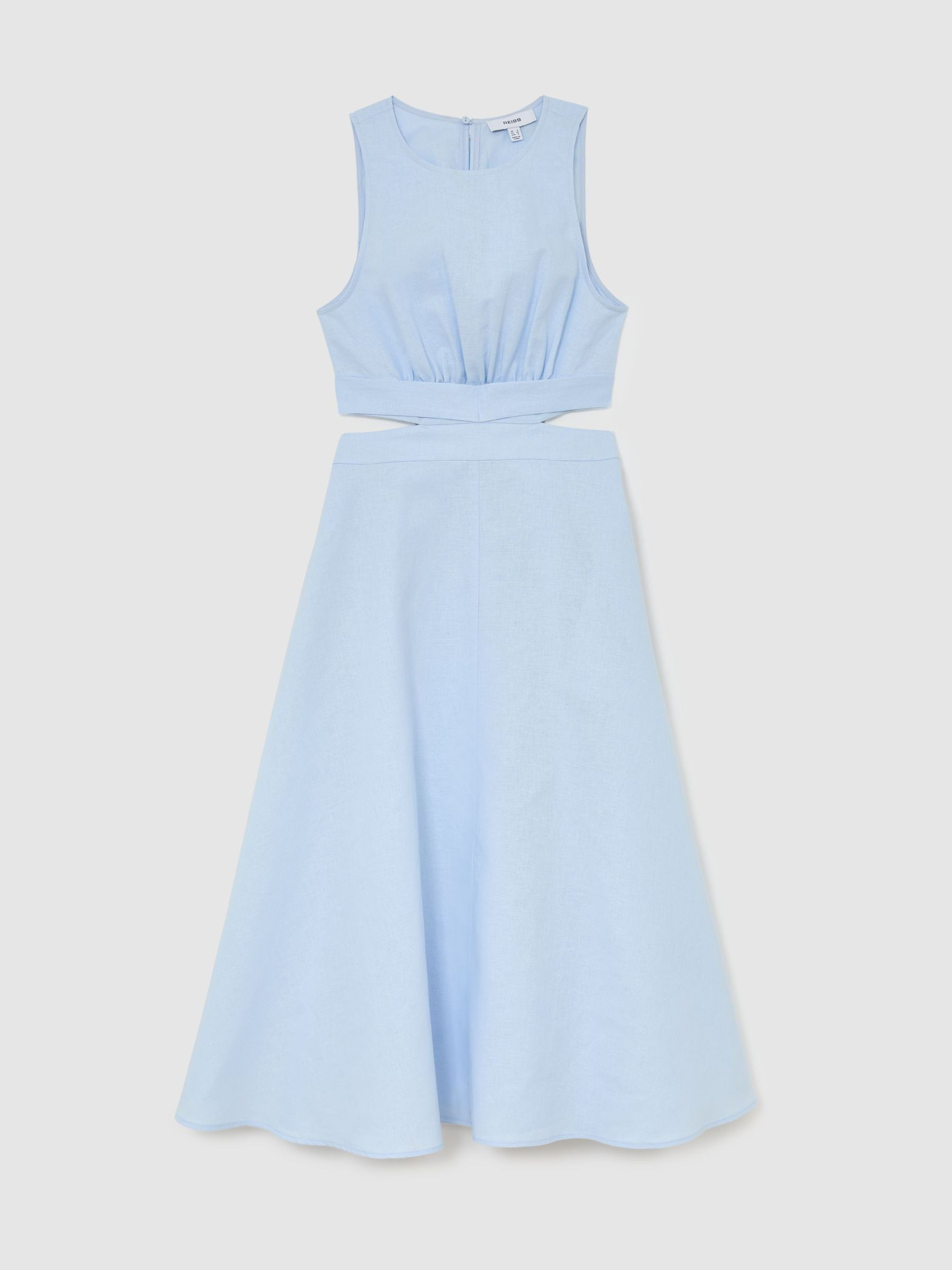 Reiss Linen-Cotton Cut-Out Midi Dress in Blue - REISS | Reiss UK