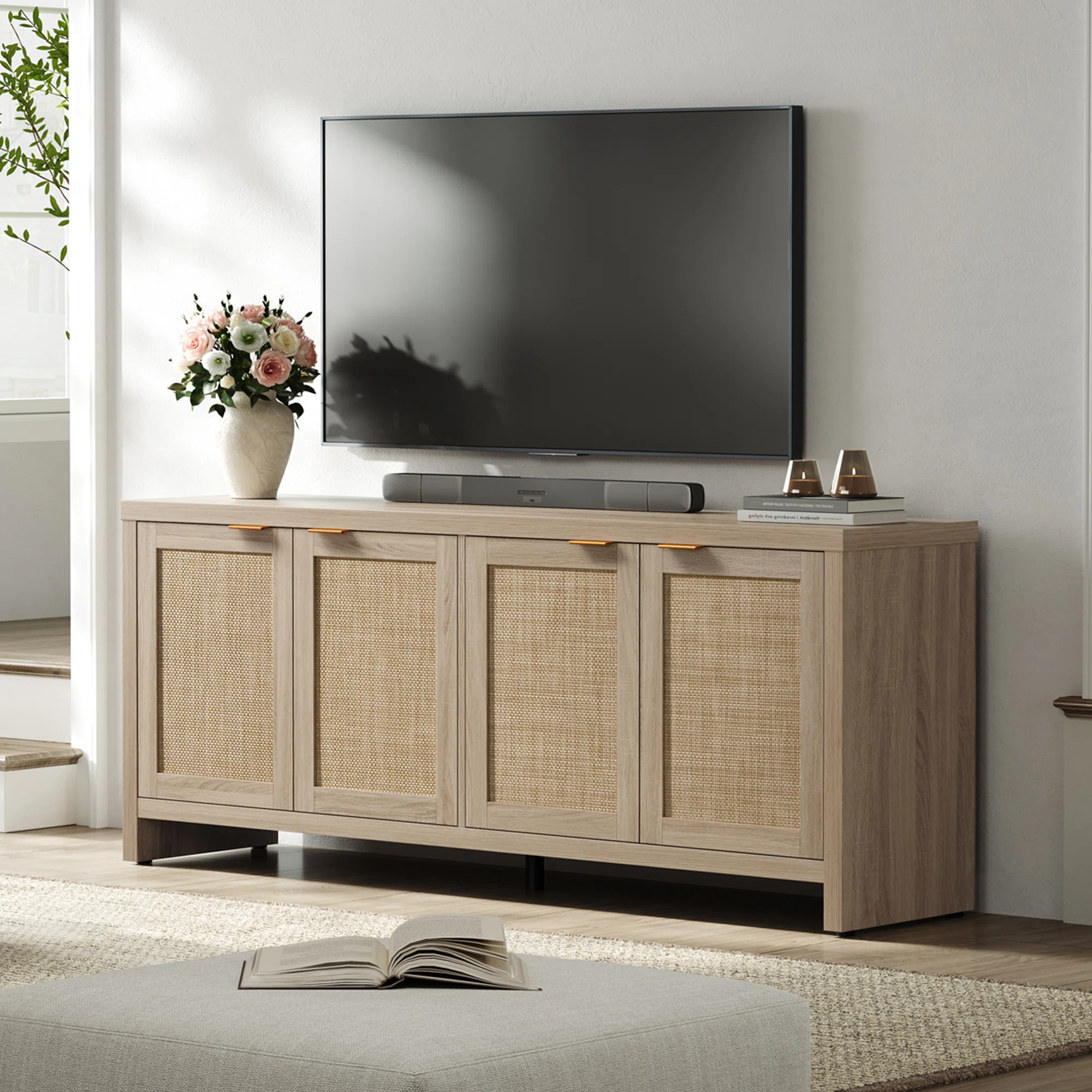 Boho TV Stand With 4 Rattan Storage Cabinets,  Farmhouse TV Entertainment Center For Tvs Up To 65... | Wayfair North America