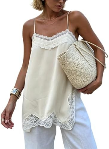 Women Y2k Chiffon Lace Trim Cami Tops Spaghetti Strap V-Neck Side Split Camisoles Cute Summer Shi... | Amazon (US)