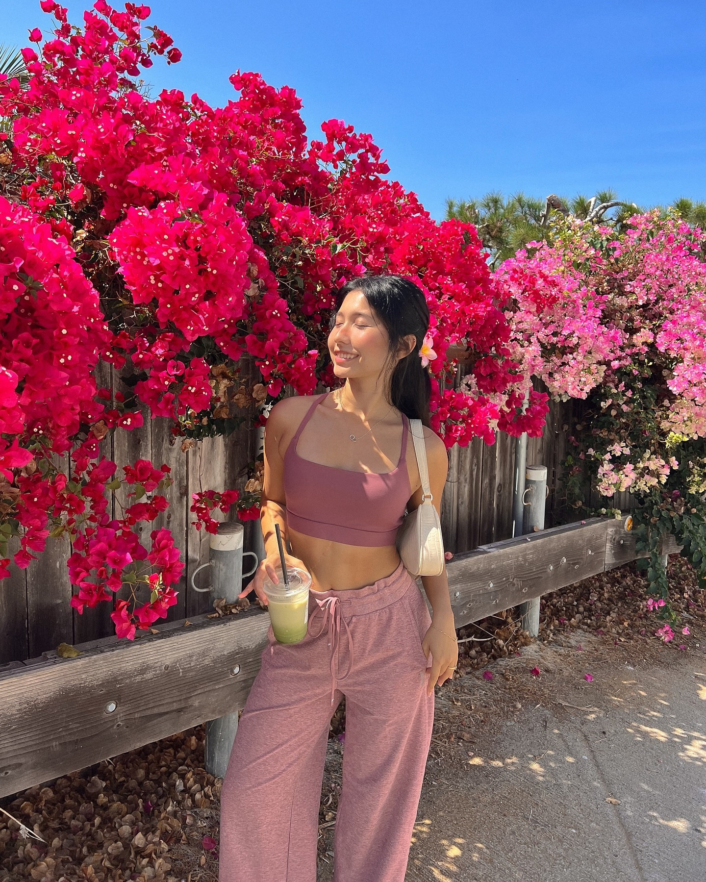One matcha and hot girl walk a day keeps the doctor away🤍 

Wearing @fabletics sports bra and sweat pants. They are seriously so comfy and the pants feel luxurious on your skin! 

Save up to 50% off all day everyday as a VIP member.
Visit Fabletics.com/MovelnFabletics

#fableticspartner #fabletics #minimalstyle #simpleoutfitideas #athleisure #summeroutfit #summeroutfitideas #pinterestgirl #pinterestinspired #pinterestaesthetic #pinkgirlaesthetic #colorfuloutfit #matchalover #sportygirl summer outfit ideas, san diego fashion blogger, monochrome pink look