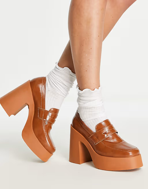 ASOS DESIGN Profile chunky high heeled loafer in tan | ASOS (Global)