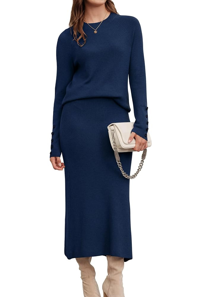 Arach&Cloz Women's Wool Blend Sweater 2 Piece Sets Fall Business Long Sleeve Top Midi Skirts Outf... | Amazon (US)