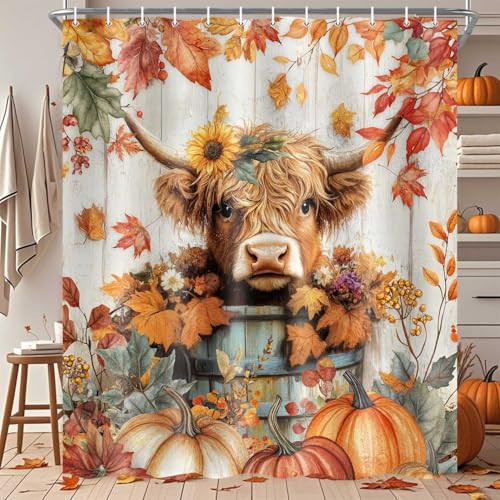 YDIDIAN Fall Highland Cow Shower Curtain, Cute Funny Autumn Fall Farmhouse Animal Pumpkin Thanksgiving Fabric Shower Curtains for Bathroom, Orange Bath Decor Decorative, with Hooks, 70X70IN | Amazon (US)
