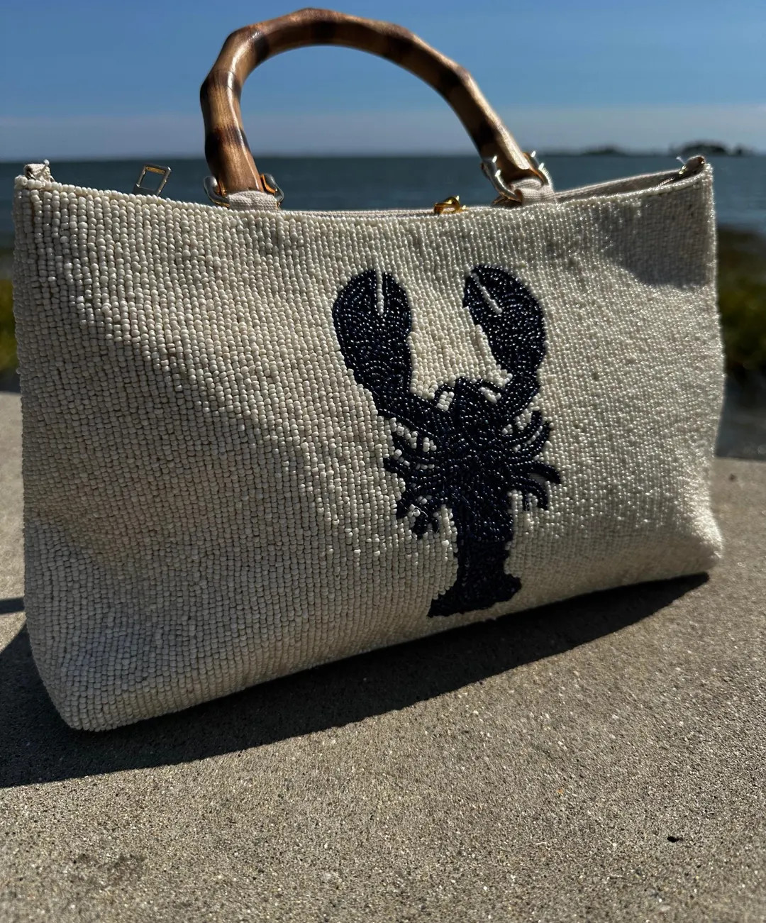 Cream Beaded Lobster Clutch – Coastal Purse With Bamboo Handles | Preppy Summer Bag, Beach Wedd... | Etsy (US)