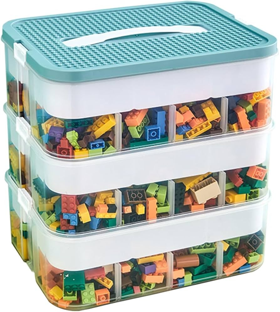 3 Layers Toy Organizer Bins with Compartments, Building Blocks Storage, Storage Containers for Building Brick Storage, Plastic Stackable Organizer Bin Toy Chest (Green 3 Layers) | Amazon (US)