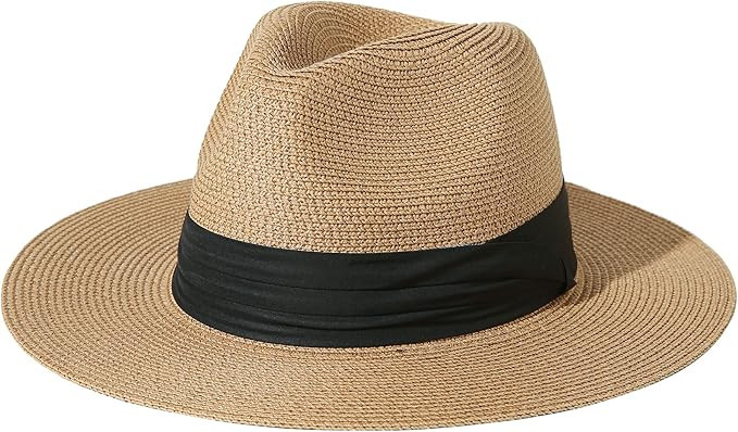 Lanzom Men Women Wide Brim Straw Foldable Roll up Hat Fedora Summer Beach Sun Hat UPF50+ | Amazon (US)