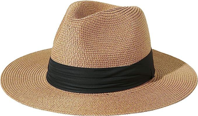 Lanzom Men Women Wide Brim Straw Foldable Roll up Hat Fedora Summer Beach Sun Hat UPF50+ | Amazon (US)