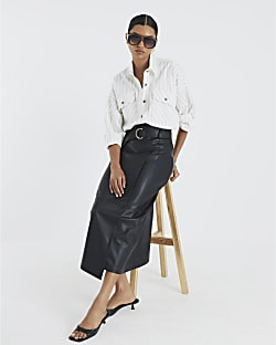 Black Faux Leather Belted Wrap Midi Skirt | River Island UK & IE