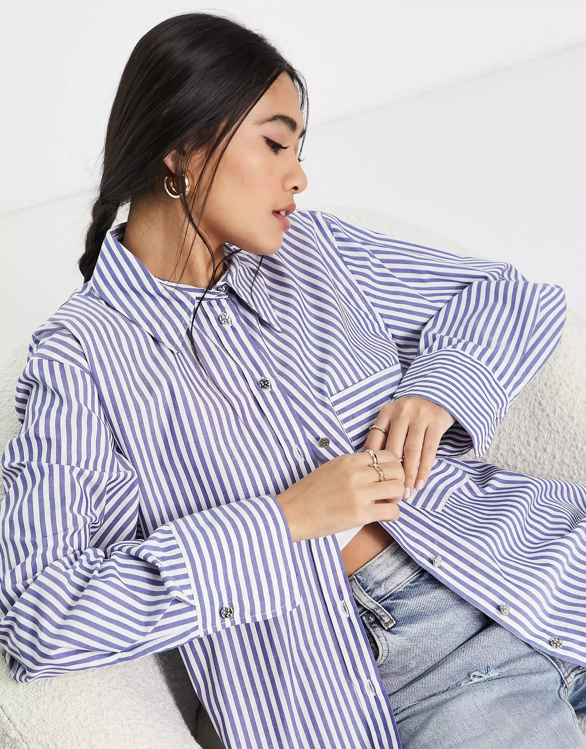 River Island - Chemise boyfriend rayée en popeline - Bleu | ASOS (Global)